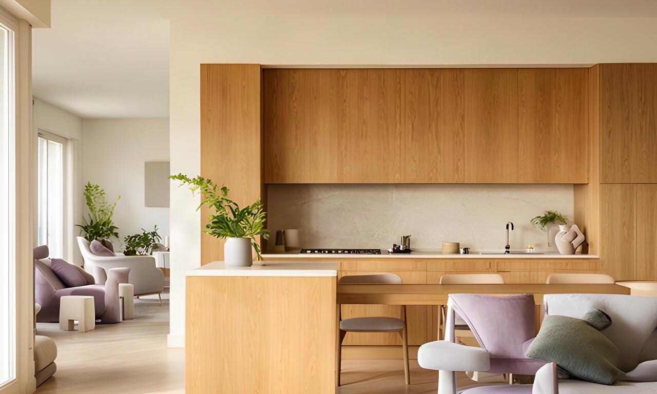 Interno residenziale a Vignola con cucina in legno, luce naturale e arredi dalle linee essenziali