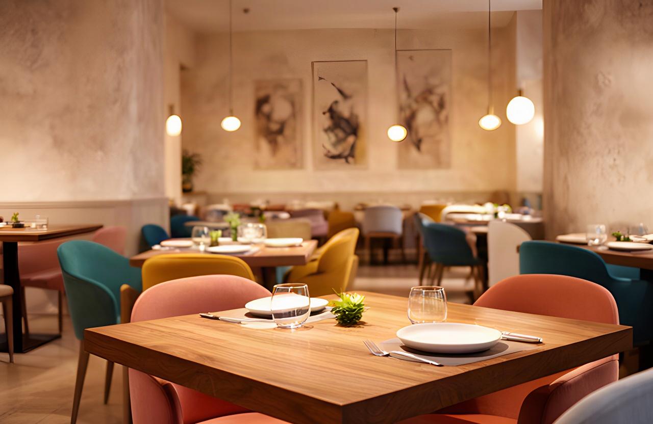 Sala di ristorante a Bologna con tavoli in legno, sedute colorate e illuminazione morbida sulle pareti