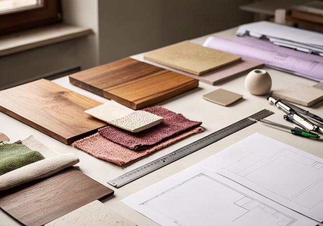 Tavolo di lavoro di uno studio di interior design a Vignola con campioni di legno locale, tessuti e planimetrie