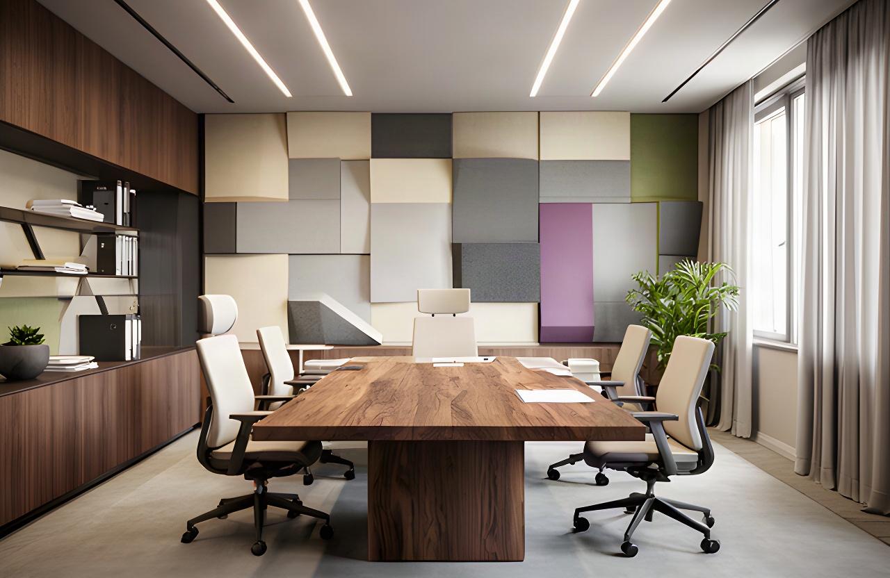 Ufficio direzionale a Modena con tavolo in legno, pareti fonoassorbenti e illuminazione lineare
